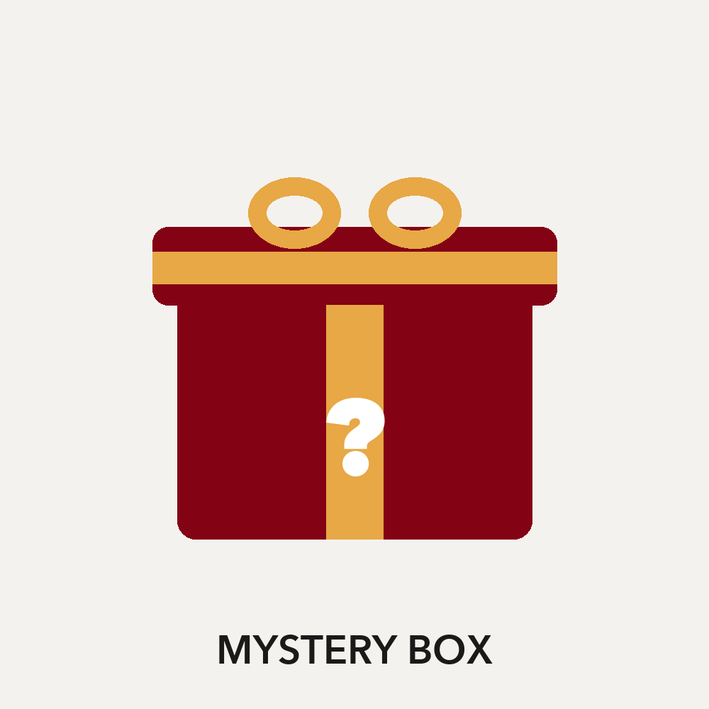 Mystery Box - flat burgundy gift box with a gold ribbon