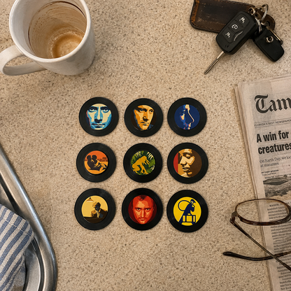 The nine mini vinyl discs laid out in a three-by-three grid on a kitchen counter